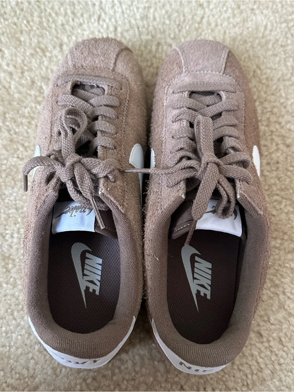 Nike Women’s Cortez Brown Suede Sneakers with White Swoosh